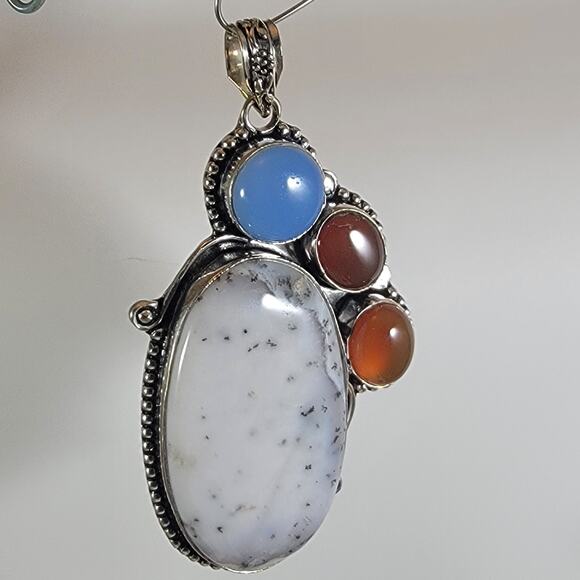 Gemstone Pendant Necklace – Opal, Carnelian & Chalcedony + 20" Silver Chain - Picture 1 of 10